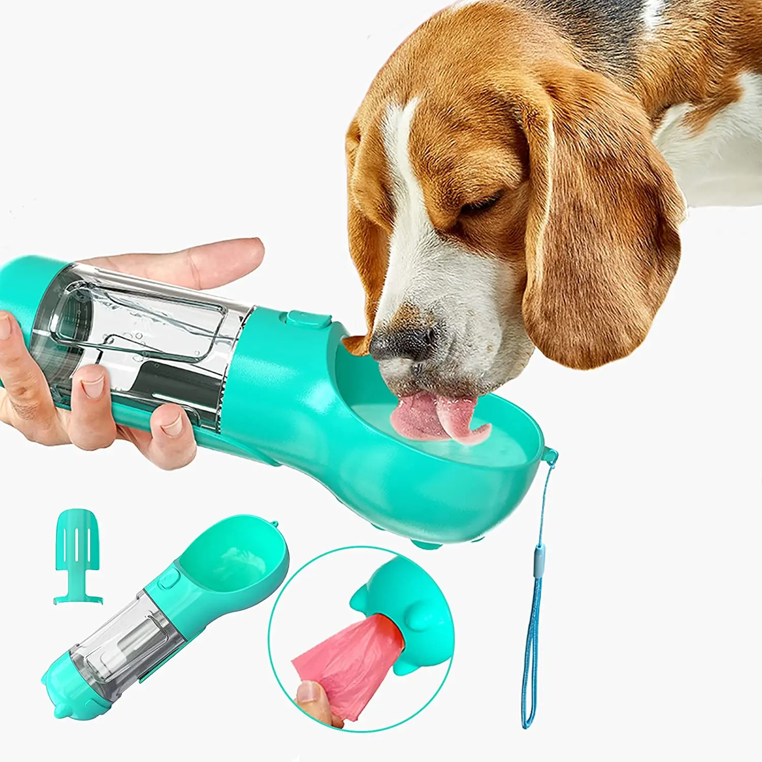

4 in 1 Portable Outdoor Travel Pet Dog Drinking Water Bottle Bowl with 300ML Water Tank, Pink,green,blue,orange