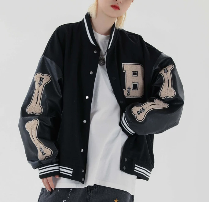 Patch Logo Hip Hop Streetwear Baseball Jacket Cotton Blend Letterman