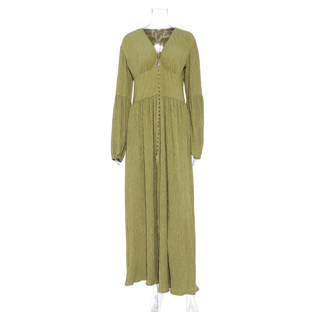 

Women's french retro V-neck girdle pleated loose long-sleeved maxi dress