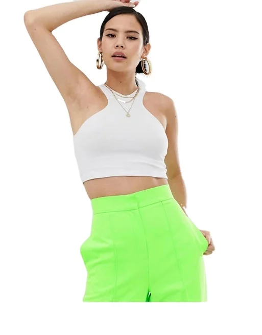 

KY white sleeveless Slim fit white racer front crop vest top, White ,customzied