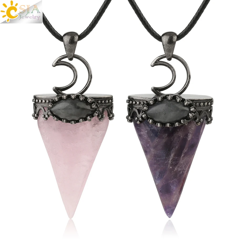 

CSJA new silver-color crown moon natural stone triangle pendant fashion crystal necklace G324