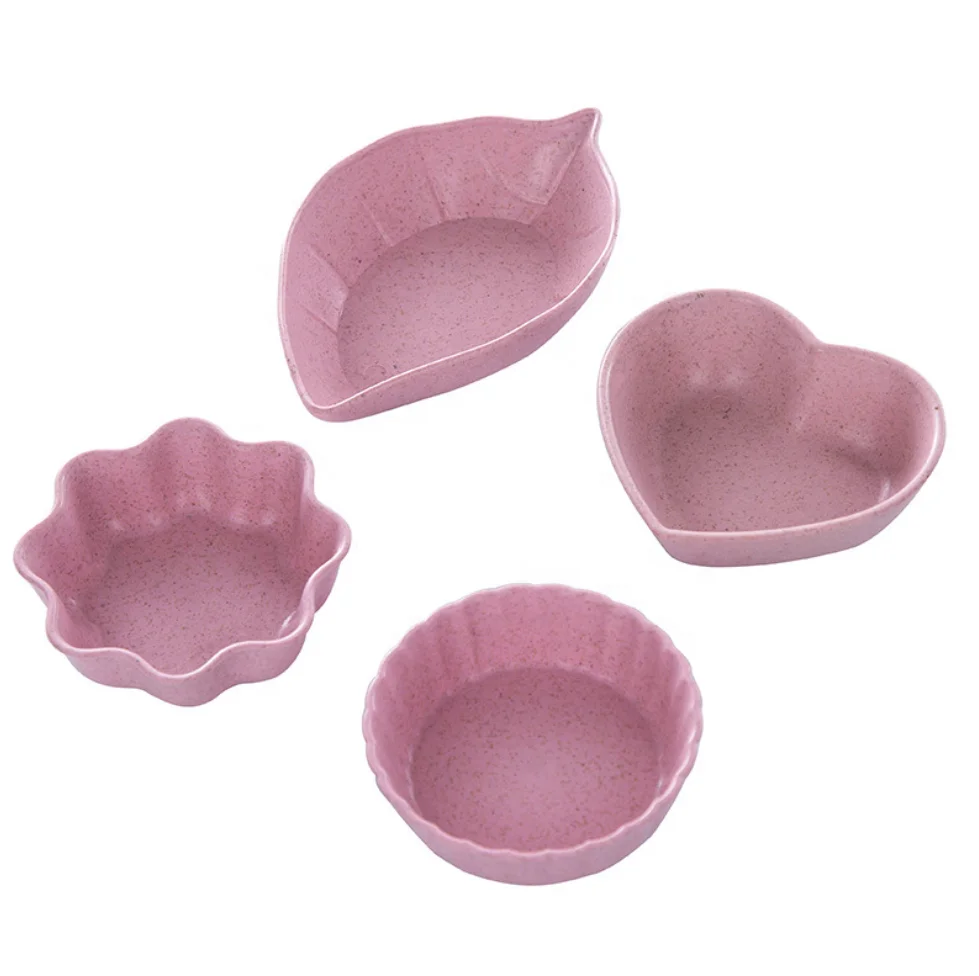 

Eco Friendly Wholesale Leaves Round Flower Heart Shapes Wheat Straw Plastic Sushi Serving Small Soy Sauce Dish