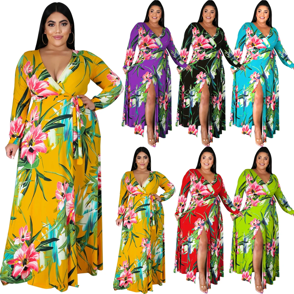 

Foma Clothing D1090 Autumn winter stylish Sexy long sleeve V-neck slit plus size  women casual dress, 6 colors