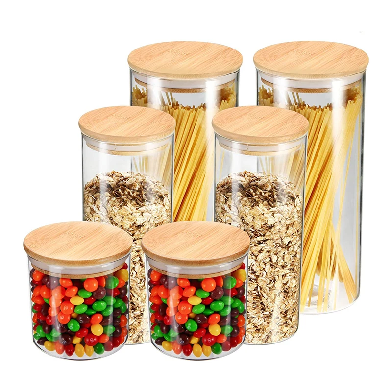 

Round Airtight Coffee Tea Spice Glass Jar Kitchen Organizer Storage Bottles Sealed Glass Food Storage Jars with Bamboo Lid, Natural