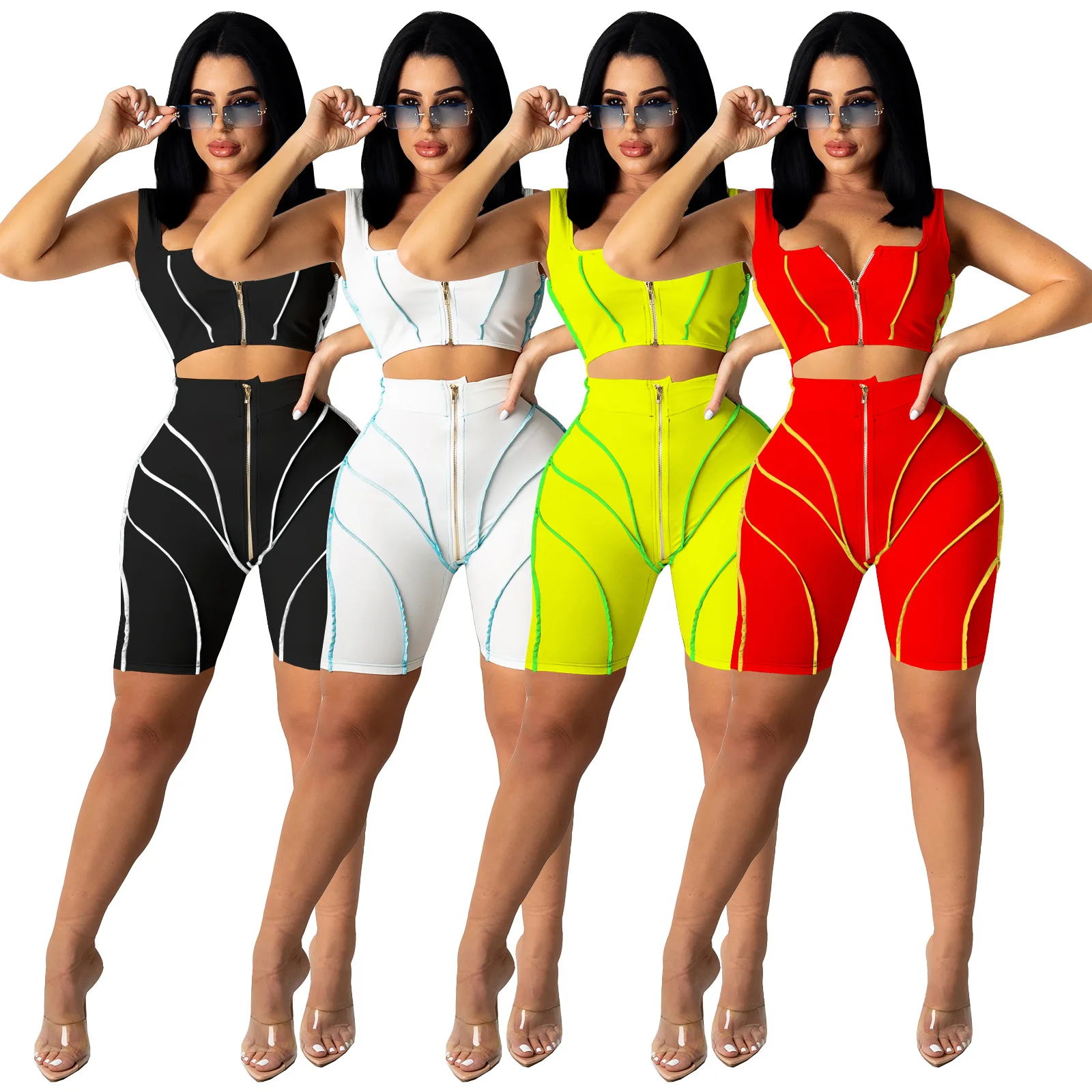 

2021 Summer Splice Leisure Suit Zipper Patchwork Sportswear Two Piece Outfits Workout Women yoga 2 Pice Short Set Clothing