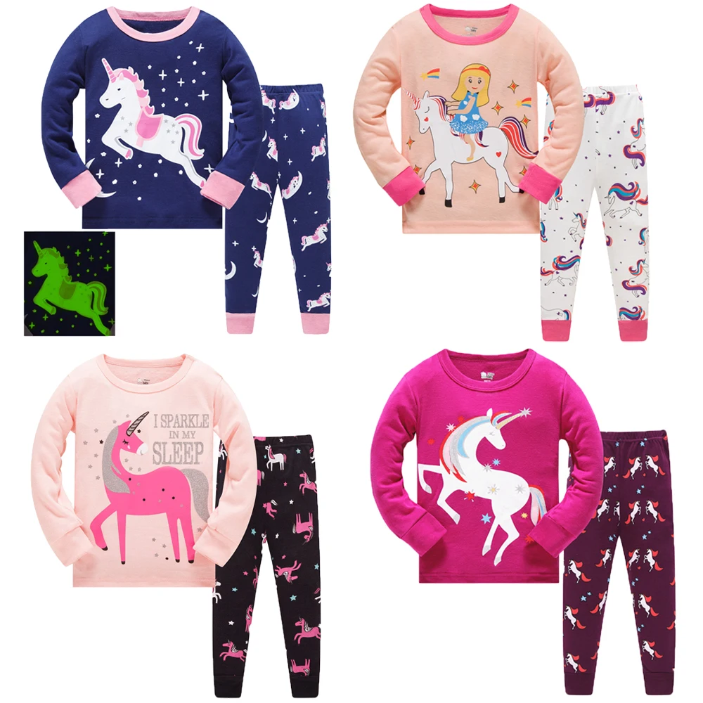 

100% cotton new designsleeping clothes cartoon pyjamas kids pajamas character sleepwear 2 pcs girl cute unicorn kids pajamas set, Many colors