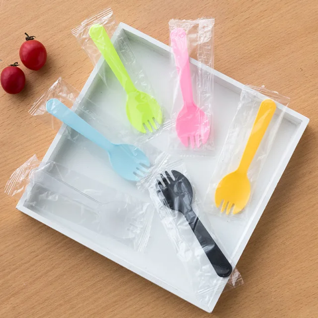 

Single Wrapped113mm disposable Small Plastic Salad Ice Cream Dessert Fork Spoon Spork 3000pcs/carton, Black,pink,light yellow,blue,green,clear,