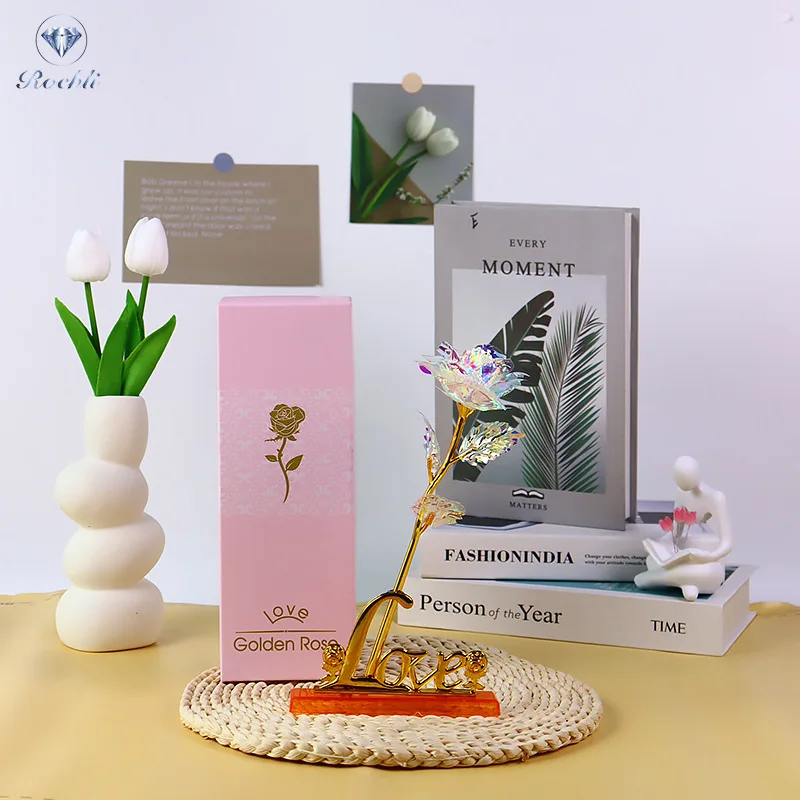 Modern 24K Gold Foil Color Rose Teacher's Day Gift for School with Pink Gift Box Laser Flower for Mothers' Day Wholesale