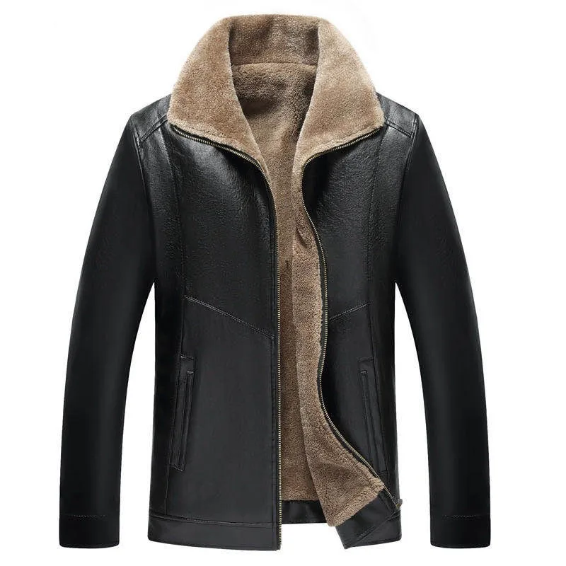 

Down and Thickened Leather Jacket in Autumn and Winter Men's Youth Suit Collar Leather Jacket Coat, Black brown