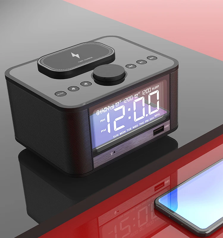 

2019 Best Seller outdoor handfree portable LED with Blue tooth Speaker with alarm clock FM Radio wireless charger, Black white