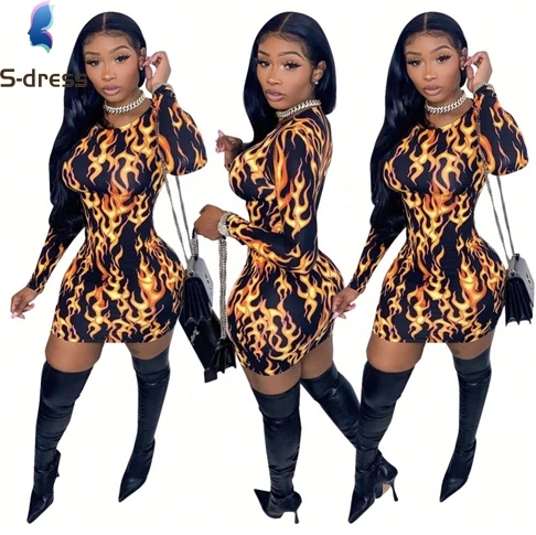 

2021 new fashion bodycon women midi dresses tight waist bodysuit flame printed dresses women's club sexy leopard fabric dresses