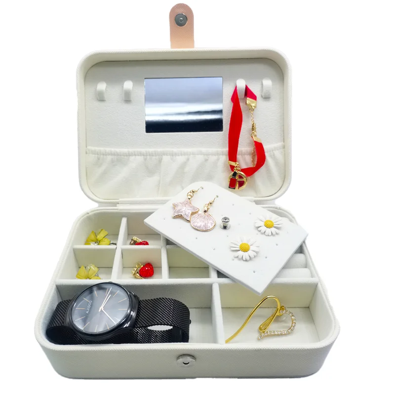 

Personalised Custom Square Mirror Jewellery Organizer Genuine Leather Travel Storage Case Jewelry Box, White, pink