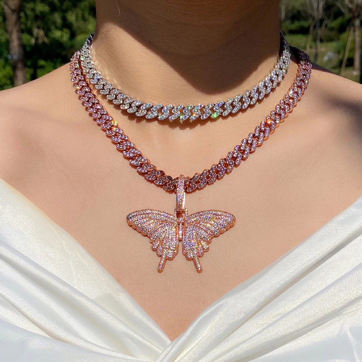 

Pink color Small Cute Fine lovely butterfly necklace jewelry gift for girl hip hop iced out pink butterfly necklace set, Gold, silver