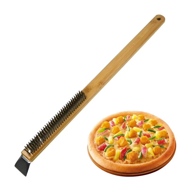 

Pizza Oven Brush Copper Wire Pizza Stone Cleaning Brush with Scraper Outdoor Pizza Oven Accessories