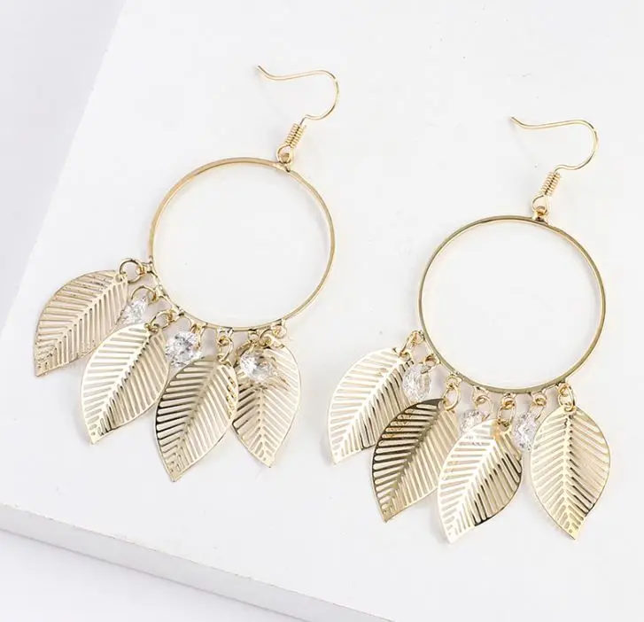 

Hot new product leaf earrings vintage metal geometric hollow tassel earrings