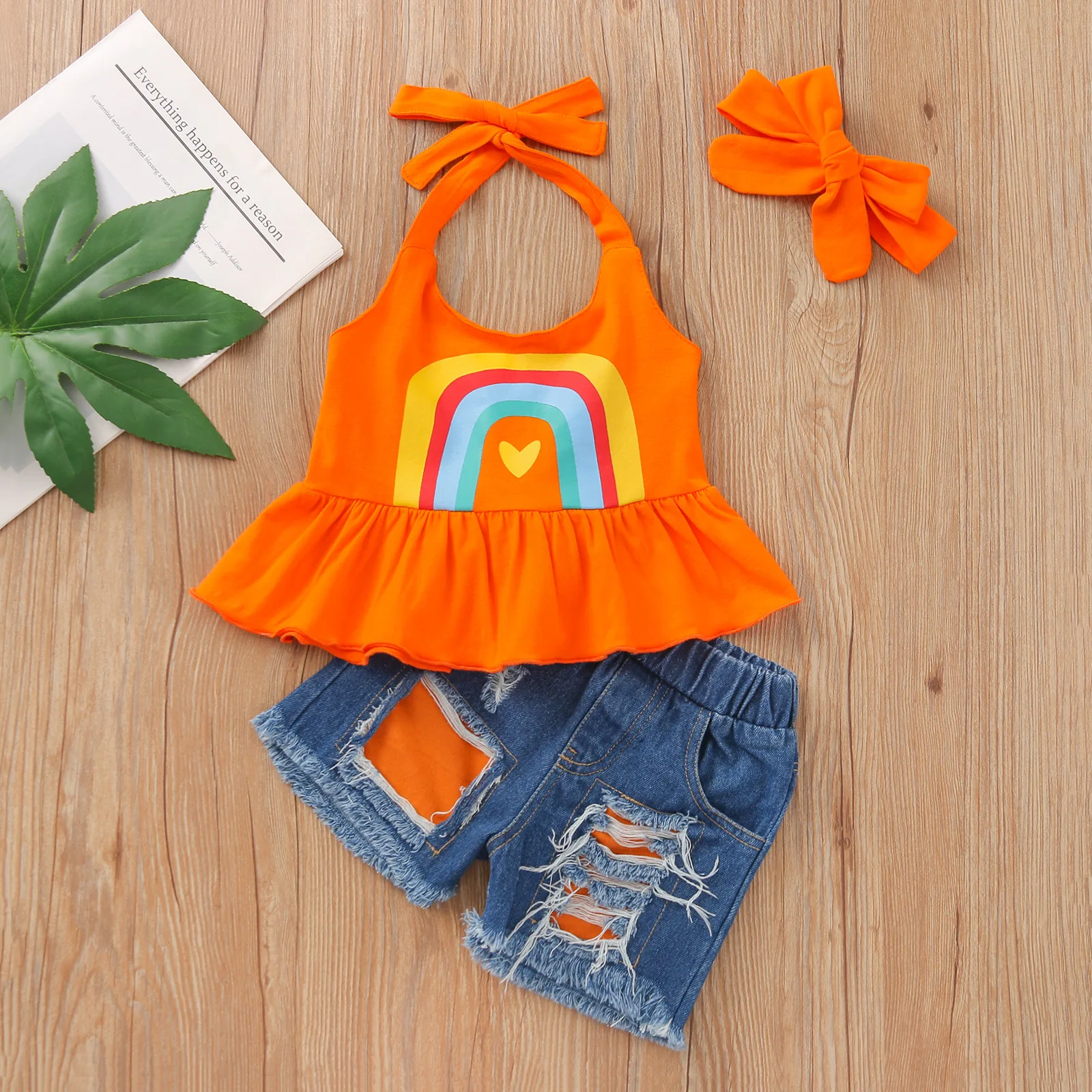 

Custom Summer Off Shoulder Top Ripped Holes Denim Shorts Children Toddler Outfits Ruffle Pant Kids Baby Girls Clothing Sets, Picture shows