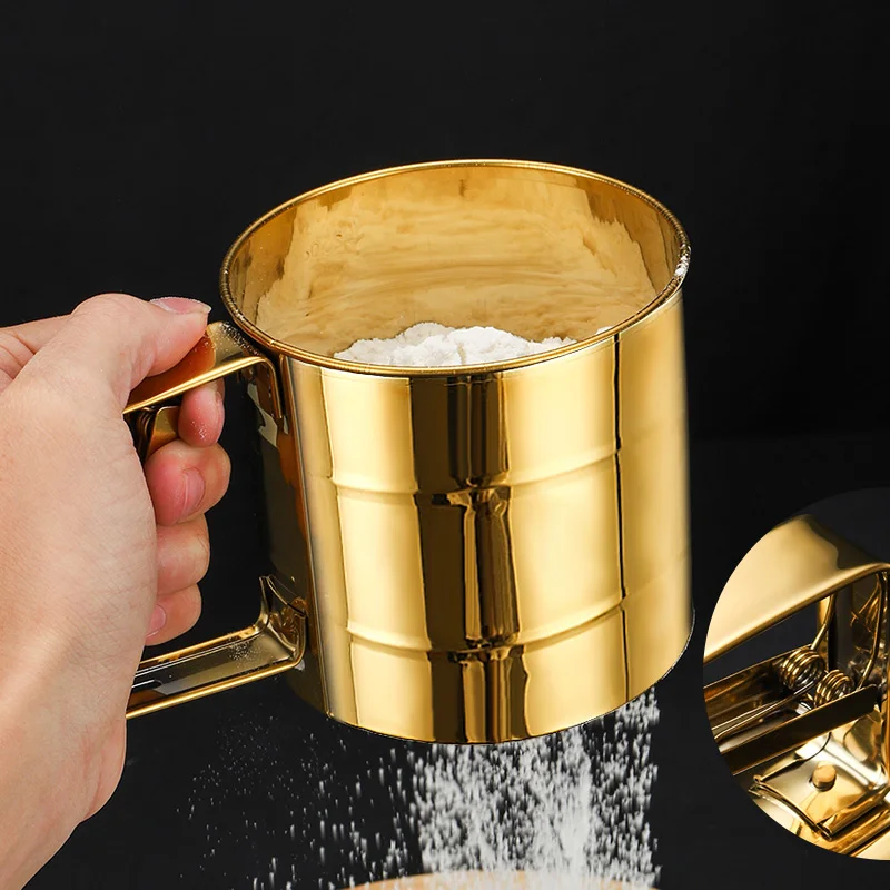 Kitchen Gadget Baking Sieve Strainer Hand-pressed Semi-automatic Cup Flour Sifter Stainless Steel Flour Sieve