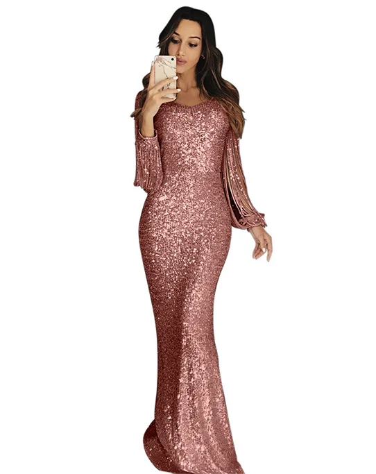 

Long sleeved tassel elegant sequins luxury evening dress for night club, Pink