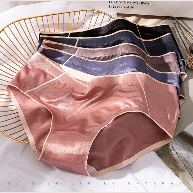 

Women's Underwear Panties Lingerie Silk Satin Seamless Briefs Soft Spandex Middle Waist Female Breathable Underpants Black, Black/pink/blue/coffee/dark green