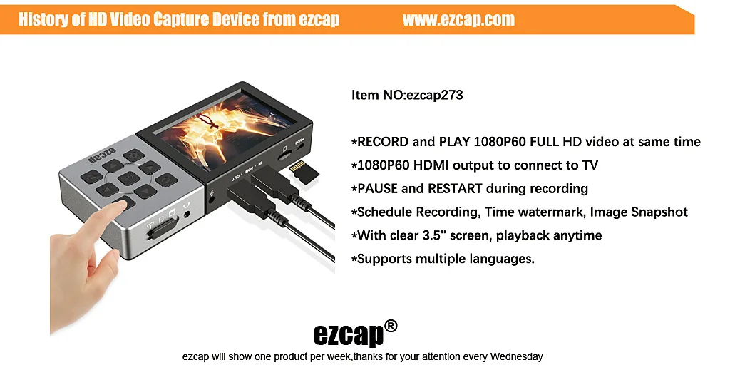 Ezcap273 3.5" Lcd Screen Portable Hdmi 1080p 60fps Video Recorder Standalone With Hdmi Output