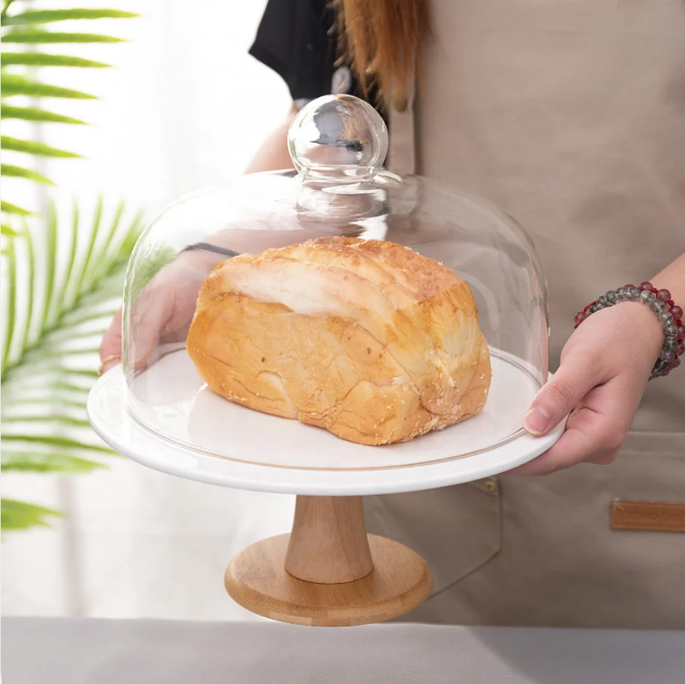 

Wholesale Home Hotel Store European Dustproof Display Glass Cover Cake Decorations ceramic Cake Stand With Glass Cover, White