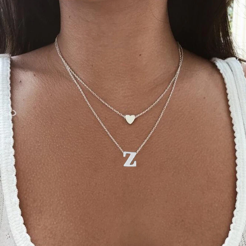 

Women Girlfriend Jewelry Gift Fashion Dainty Necklace Silver Gold Letter Custom Necklace Stainless Steel Heart Initial Necklaces, Gold / silver