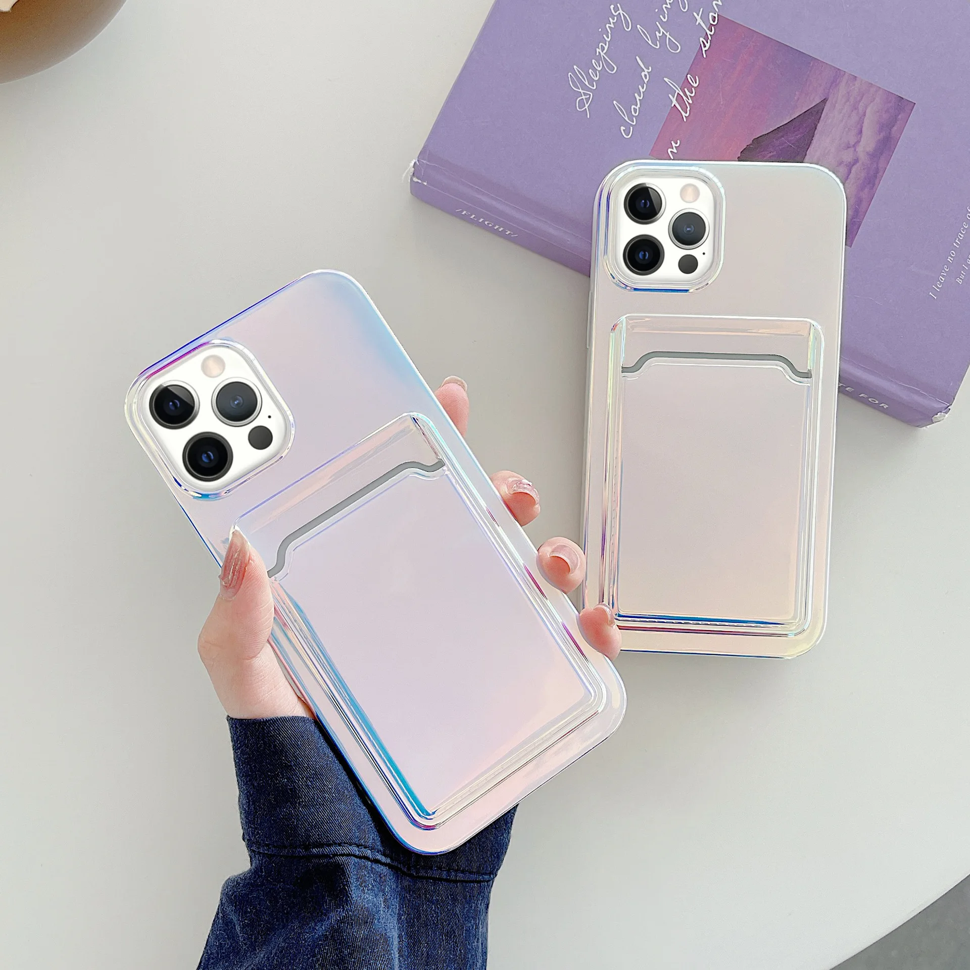 

Clear Laser Colorful Light Glitter Case for iPhone 12 Mini 11 Pro Max Credit Card Holder Pocket Wallet Phone Case