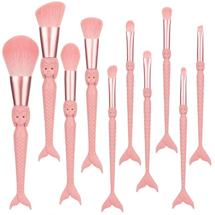 

High Quality 10pcs Pink Color Mermaid Shaped Eyeshadow Brushes Foundation Brush Makeup Brushes Set Girly Gift For Girls, Colorful