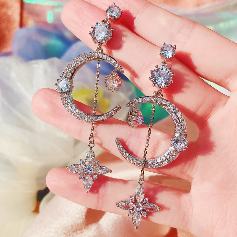 

Fashion Korean Elegant Rhinestone Moon Drop Earrings For Women Crystal Flower Boucle D'oreille Party Jewelry Gifts