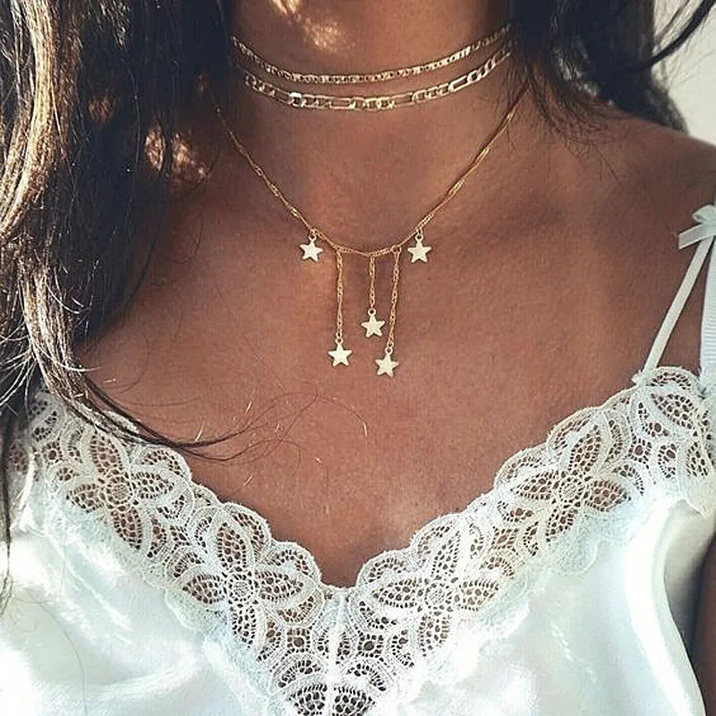 

European Fashion Gold Plating Multilayer Link Chain Choker Necklace Long Star Tassel Star Necklace For Women Girls