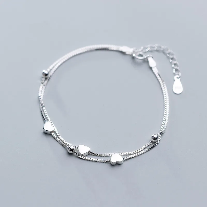 

Personality S925 Sterling Silver Box Chain Beaded Bracelets Adjustable Double Layers Pure Silver Love Heart Bangle Bracelet