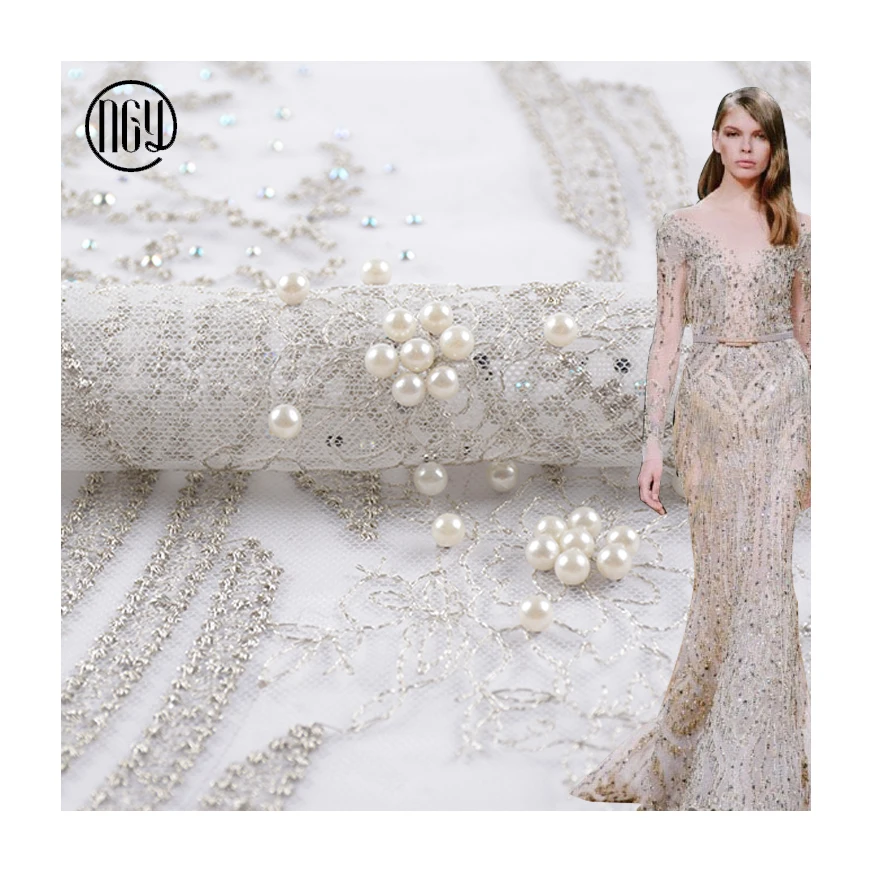 

Wholesale fashionable tulle white beaded lace fabric with sequin, As pictures or customized