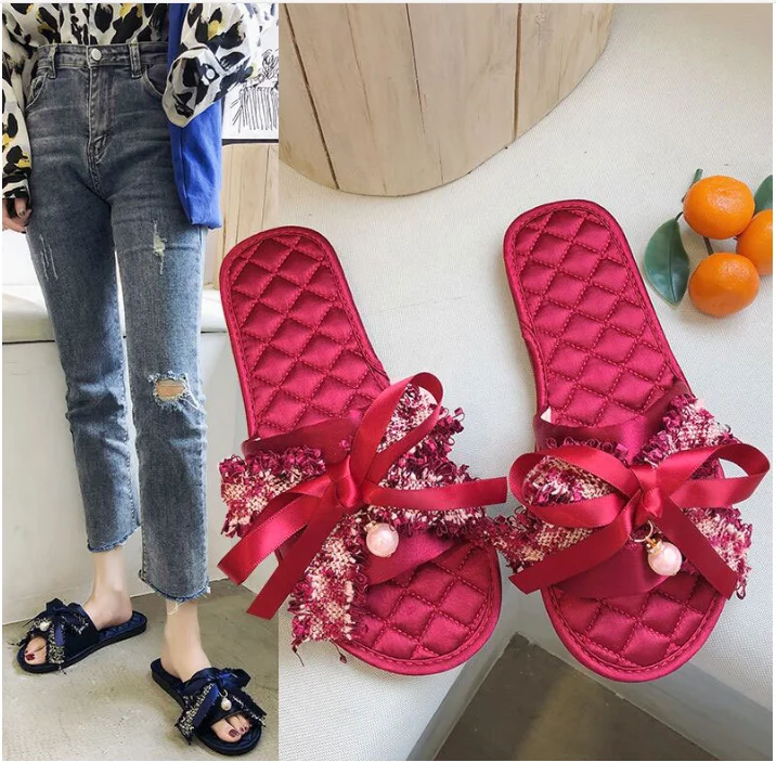 

wholesale Summer Popular Women sandal with Bow Decoration Ladies Slipper Flat Girls, Black red blue