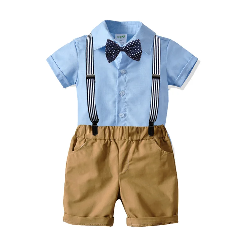 

Boy Tee Shirt + Baby Boys Summer Clothing Sets Short Sleeve Bow Tie Shirt Suspenders Shorts Pants Gentle Suit Party Costume