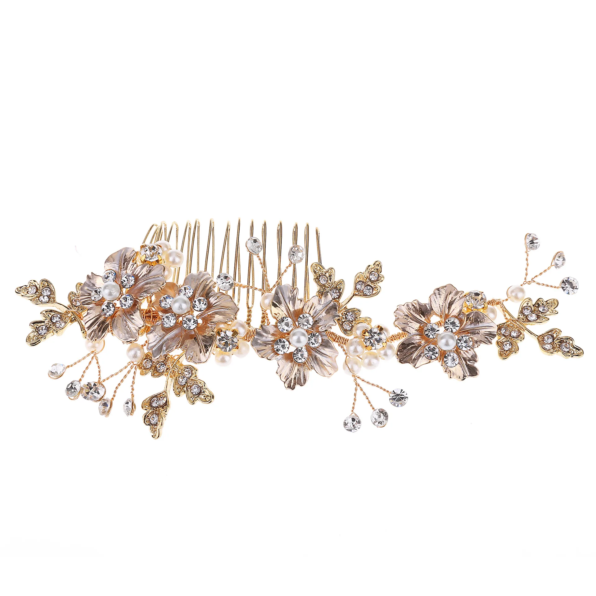 

Luxury Women Fashion Headpieces Rhinestones Pearl Crystal Flower Handmade Bridal Hair Combs Head Accessories Wedding Jewelry, Gold silver color