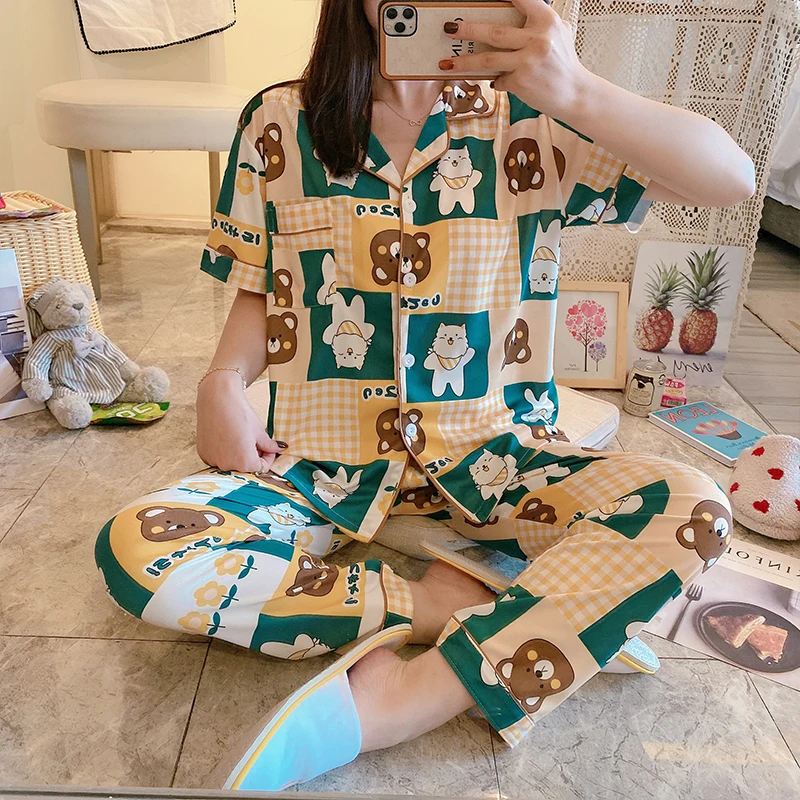 

Lady's Cartoon Sleepwear Spring Short Sleeves Pants 2Pcs Set Pijamas Lapel Korean Soft Milk Silk Casual Home Wear For Women, Picture shows