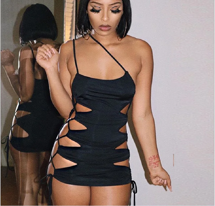 

Europe and the United States cross border 2021 summer women's new nightclub fashion sexy strap hollow drawstring tight dress