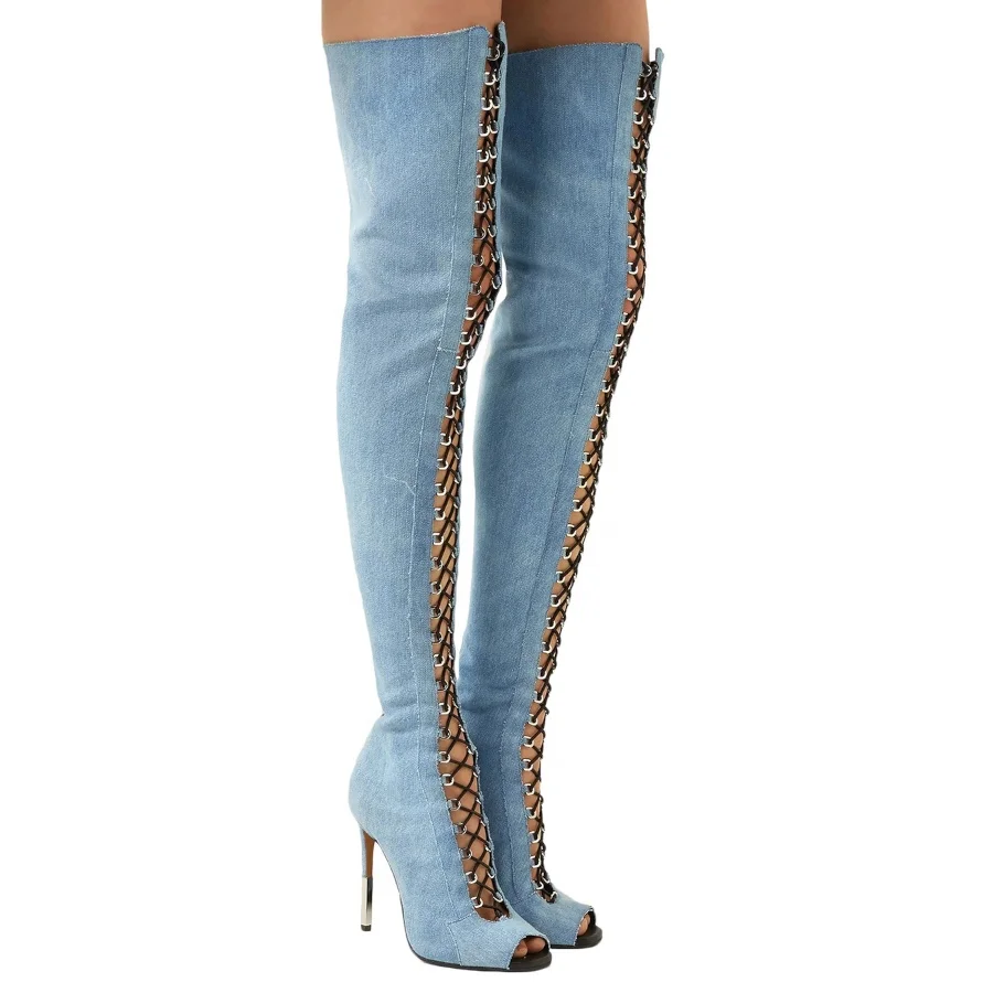 

Square peep toe lace-up front denim thigh high long women boots