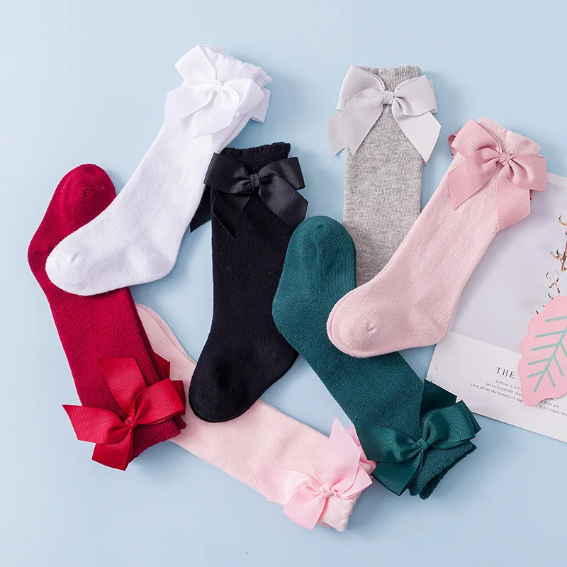 Bonypony Bow Spanish Style Baby Girls Kids Stockings 0-7 Year Cotton Newborn Toddler Bowknot Party School Knee High Socks