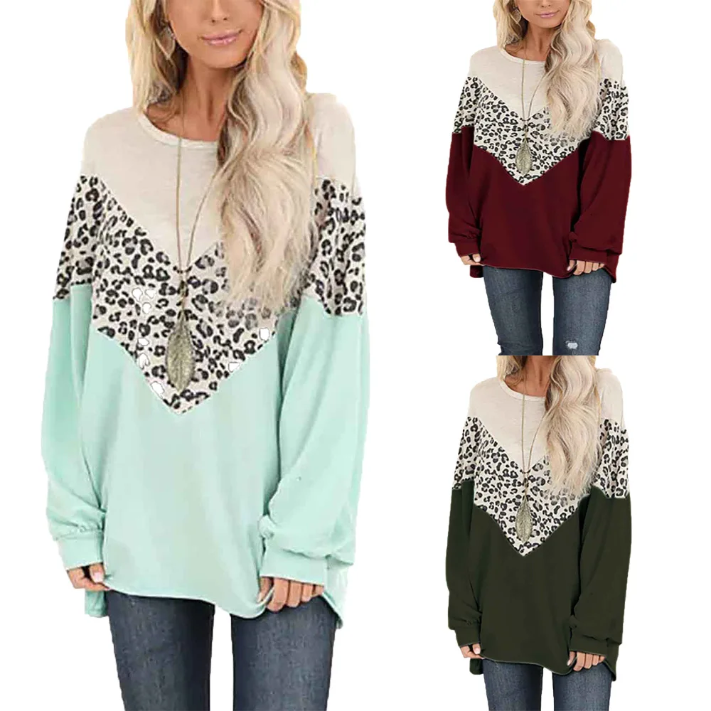 

HD-015 custom Long Sleeve Leopard Print Stitching Tops Women's weave strip Stitching Pullover Sweater Loose Casual Shirts, Picture show