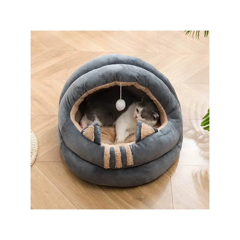 

Comfortable Grey Anti-slip Cat Kennel Egg Tart Bed With Plush Ball, Warm Strong Velvet Pet Cat Dog House Cave Bed With Toy, Yellow,gray,pink
