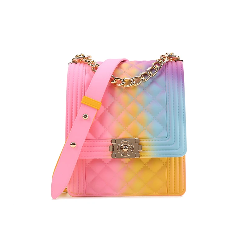 

Hot Sell Beach Fashion Rainbow Shoulder Candy Handbags Colorful Jelly Pvc Shoulder Bag Jelly Bags for Women, Colored