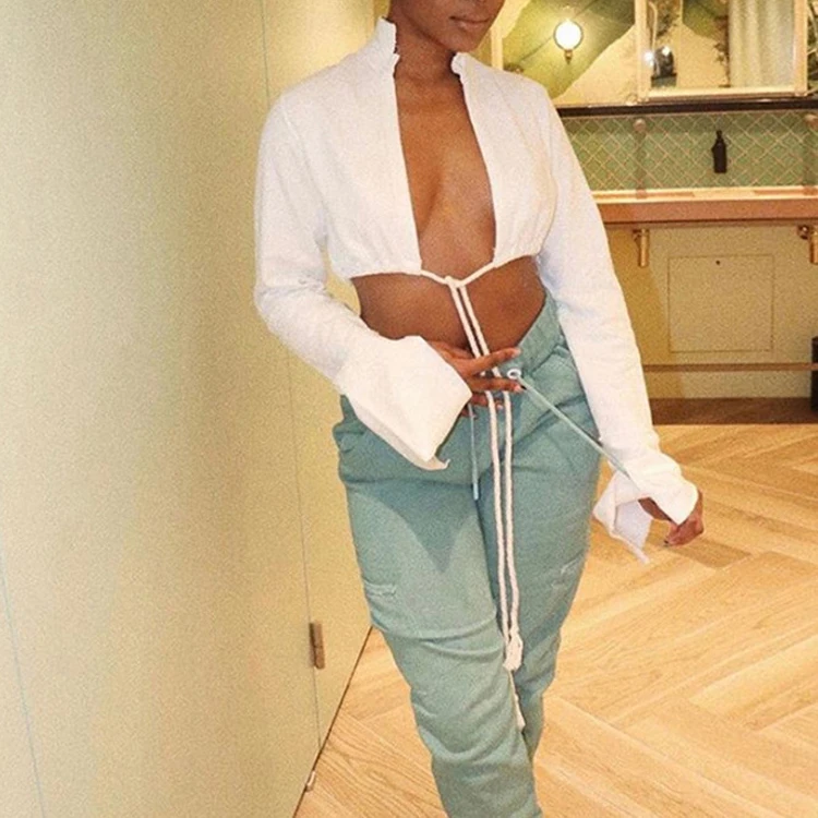 

New Arrivals 2021 Clothing Manufacturers White Tshirt Crop Top Clubwear Bandage Long Sleeve Tshirts Women