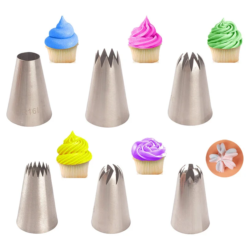 

Large 6 pcs Stainless steel decorating nozzle piping tips Cake biscuit cream baking tools set, As picture