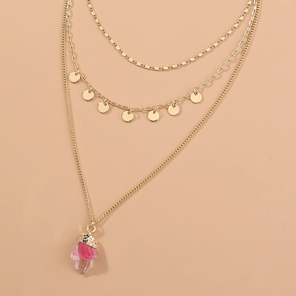 

Individual Design Pink Crystal Cluster Gold Copper Disc Layered Necklace Woman Jewelry