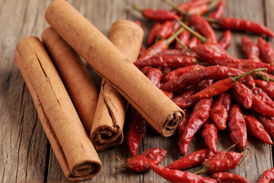 Close-up of cinnamon sticks and dried red chili peppers arranged on rustic wooden surface for culinary photography