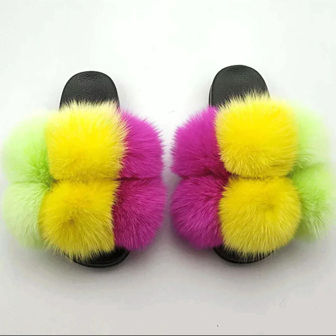 

fashion multicolor design women real fluffy fox fur ball slippers slides, Customized color