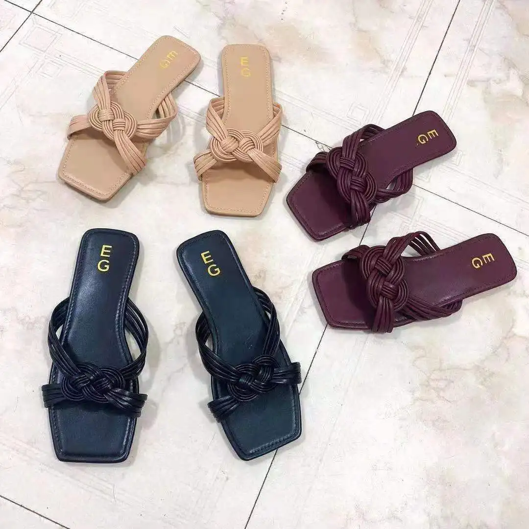 

2021 New trendy design crochet slippers hot sale sexy slides for women and ladies casual flat shoes, 2color as picture