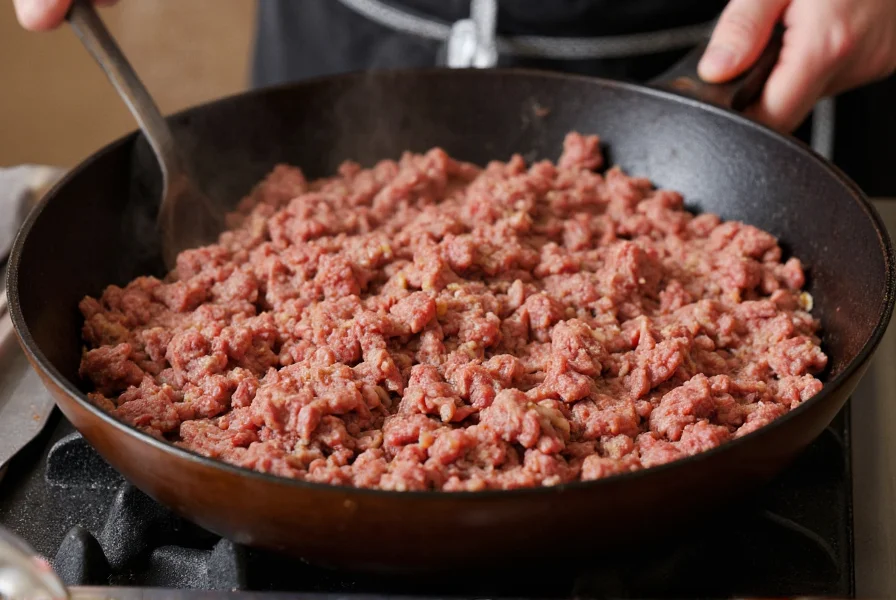 Professional chef searing ground beef in cast iron skillet for chili preparation