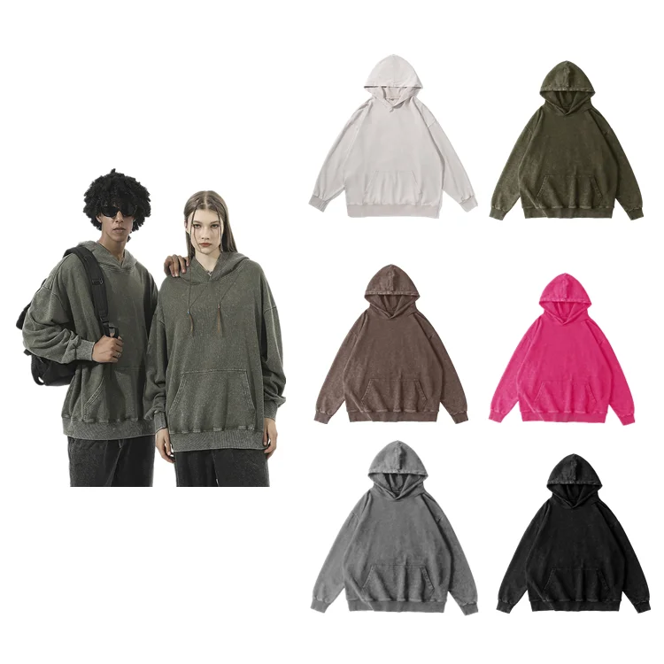 350gsm Cotton Acid Wash Hoodie Anti-shrink Oversized Vintage Heavyweight Pull Over Hooded Sweatshirt Men's Pullover Streetwear